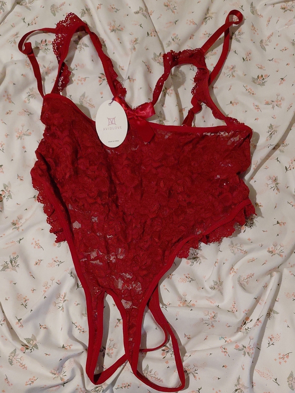 Avidlove Red Lace Chemise Bodysuit with Floral Motif
